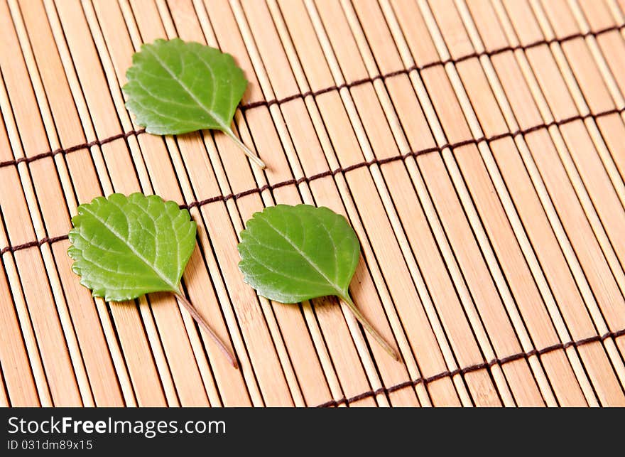 Three leaves on a bamboo sticks table. Background