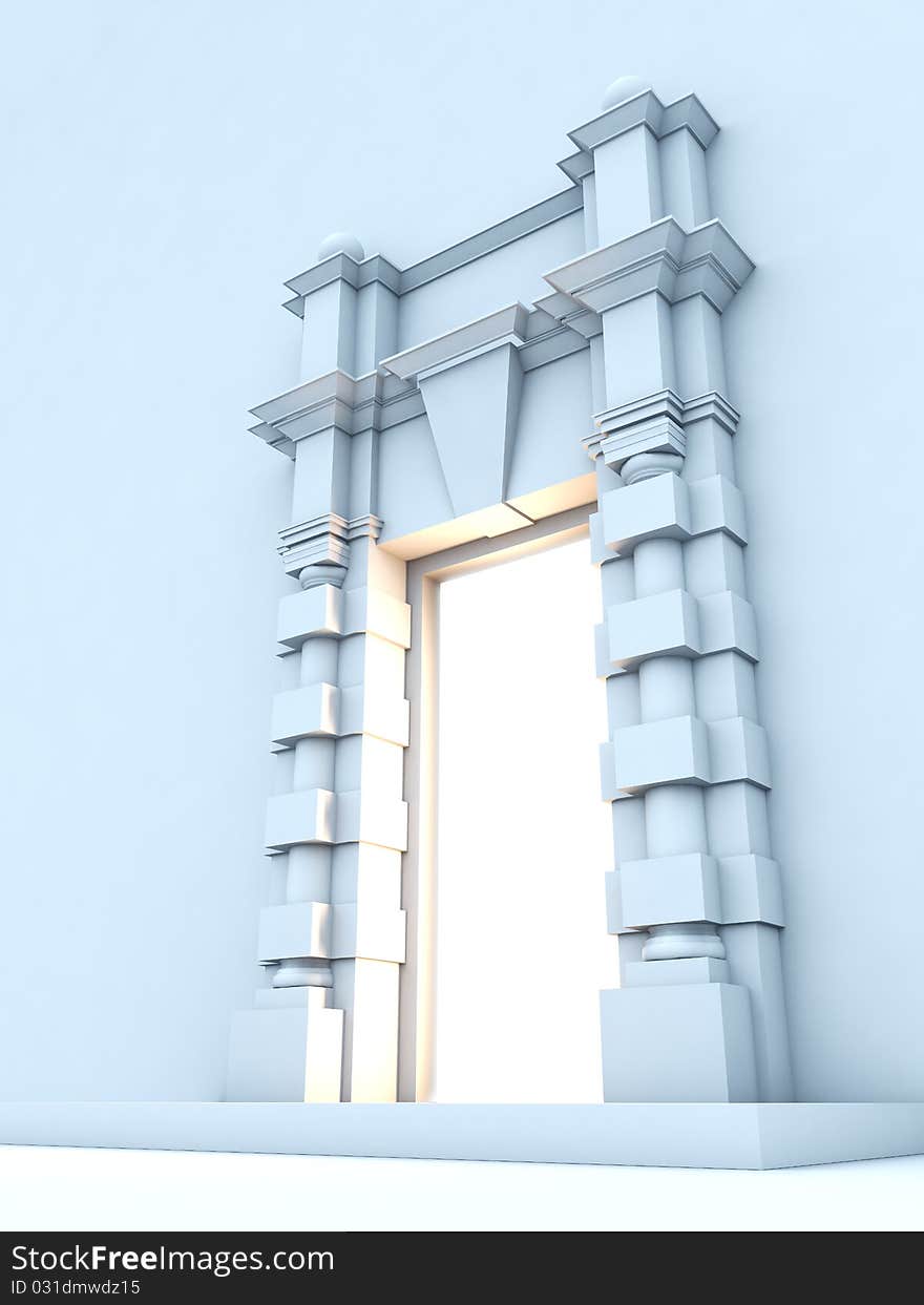 A 3D illustration of classical portal with light inside.