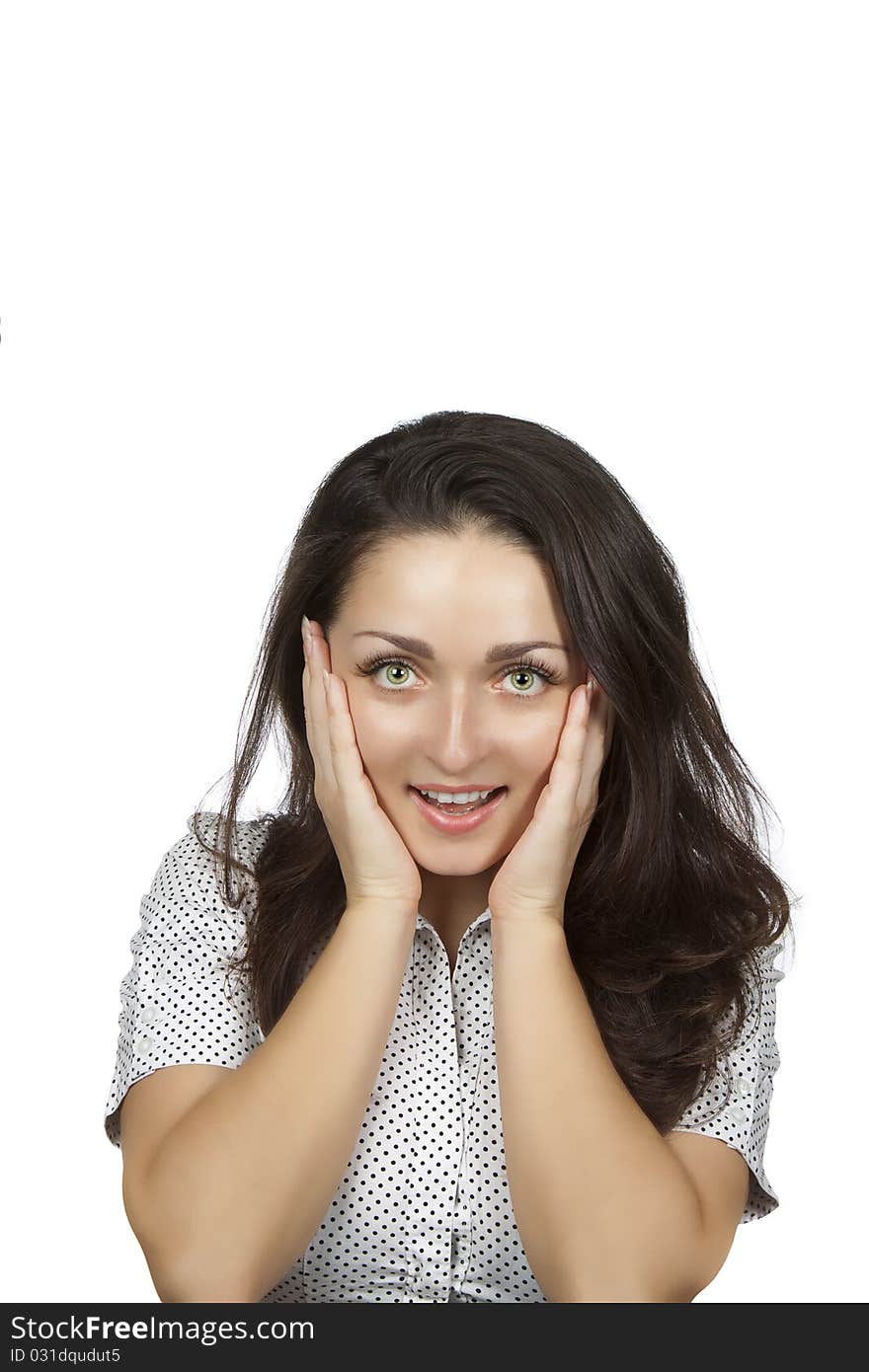 Closeup portrait of a surprised young woman isolated on white background