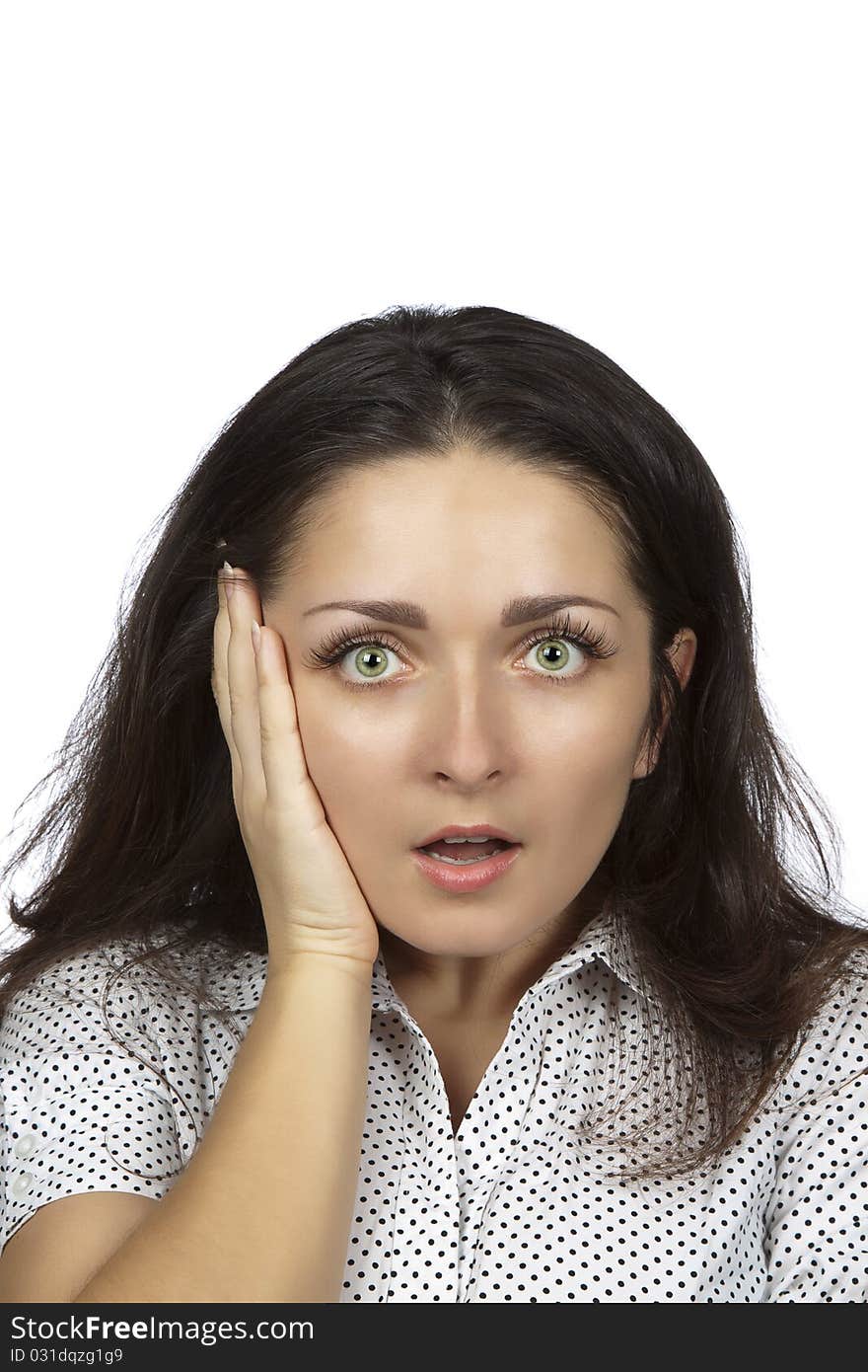 Closeup portrait of a surprised young woman isolated on white background