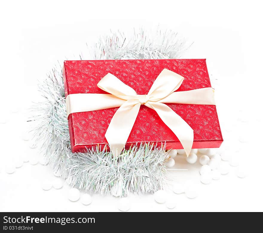 Red Gift box with tinsel