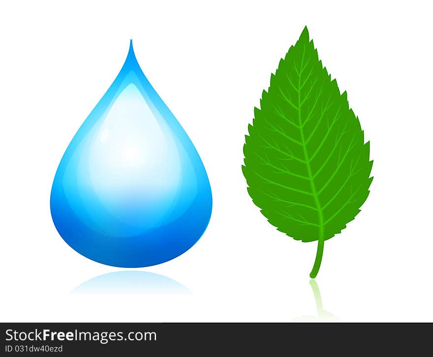 Nature symbols. Blue water drop and green leaf.