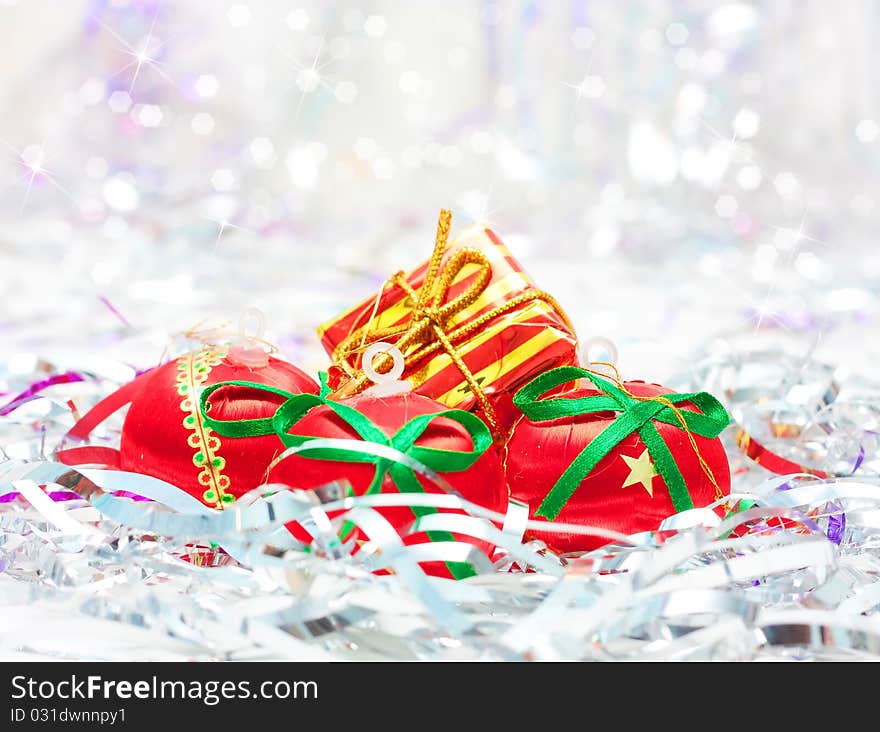 Christmas bright background with boxes and baubles. Christmas bright background with boxes and baubles