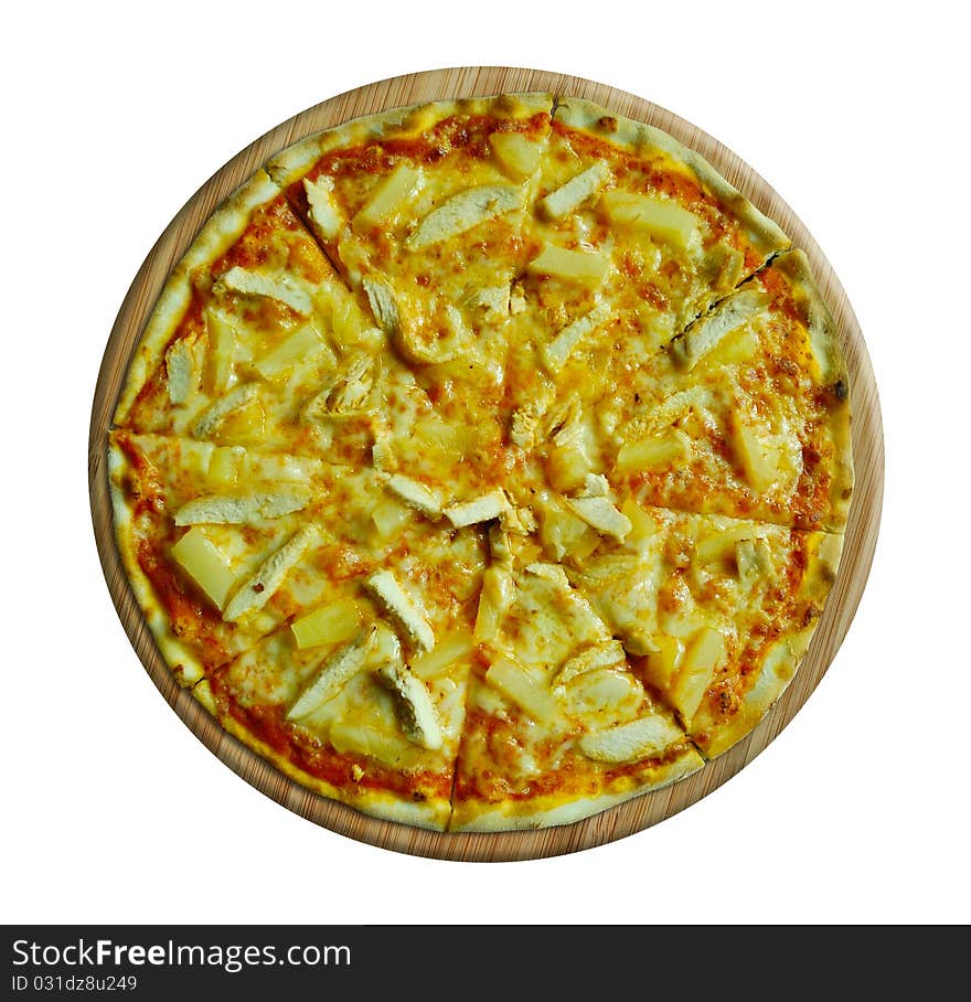 Pizza cut into slices isolated on the white