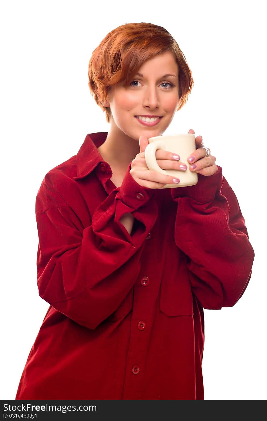 Pretty Red Haired Girl with Hot Drink Mug Isolated on a White Background.