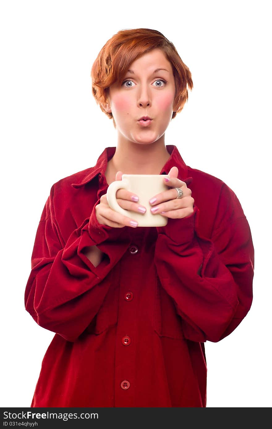 Pretty Red Haired Girl with Hot Drink Mug Isolated on a White Background.