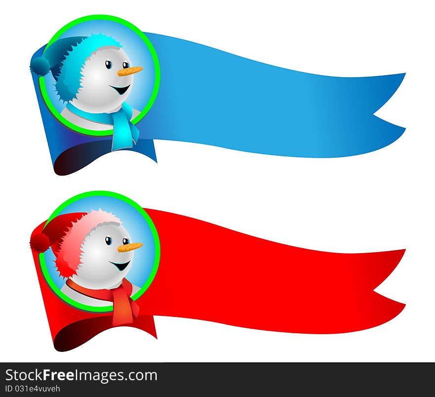 Illustration of fun snowman on the background of the banner. Vector.