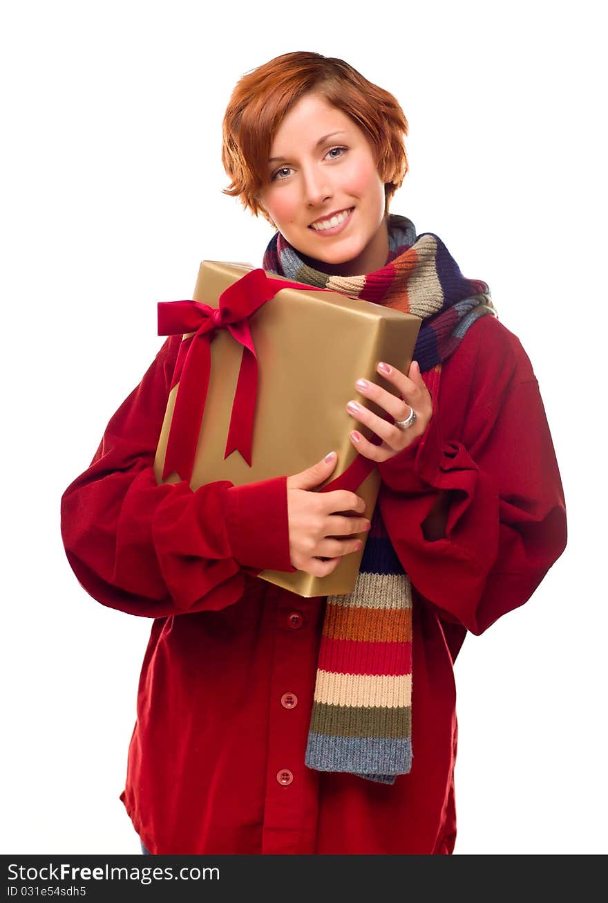 Pretty Girl with Scarf Holding Wrapped Gift