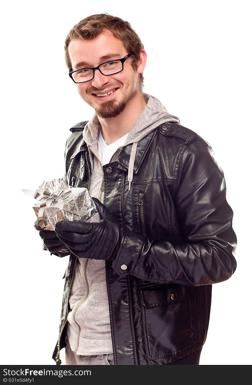 Warmly Dressed Handsome Young Man with Gift