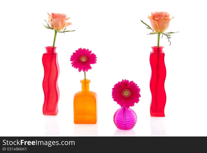 Flowers in colorful glass vases isolated over white