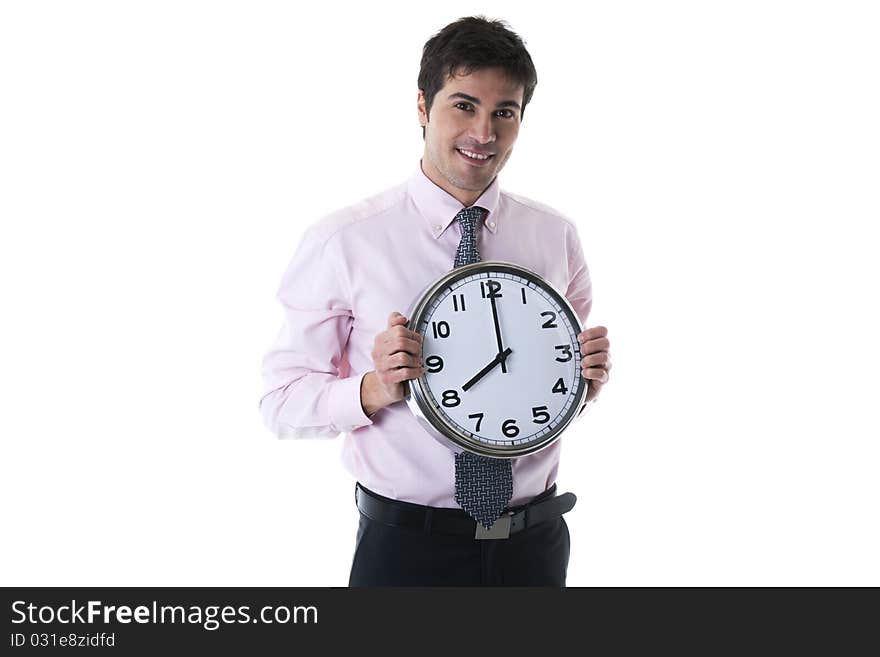 Happy Businessman Holding Clock