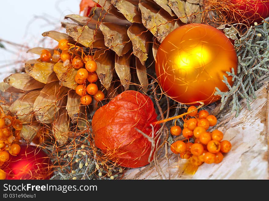 An orange Decoration with natural objects. An orange Decoration with natural objects