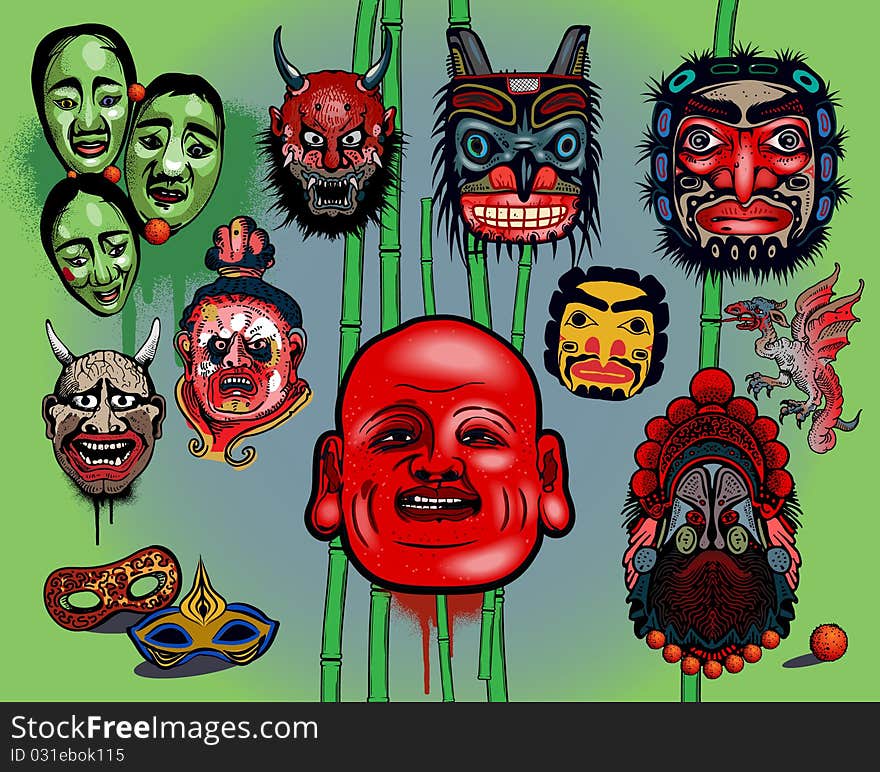 Vector illustration of Asian masks isolated on color background.