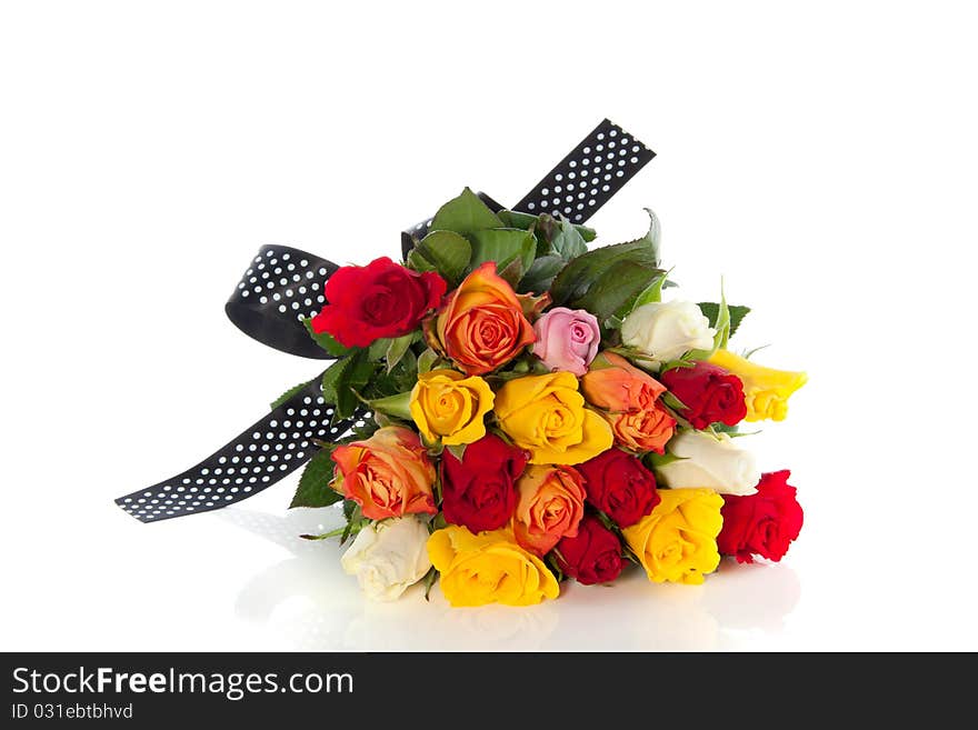 Colorful mixed bouquet roses with luxury ribbon isolated over white