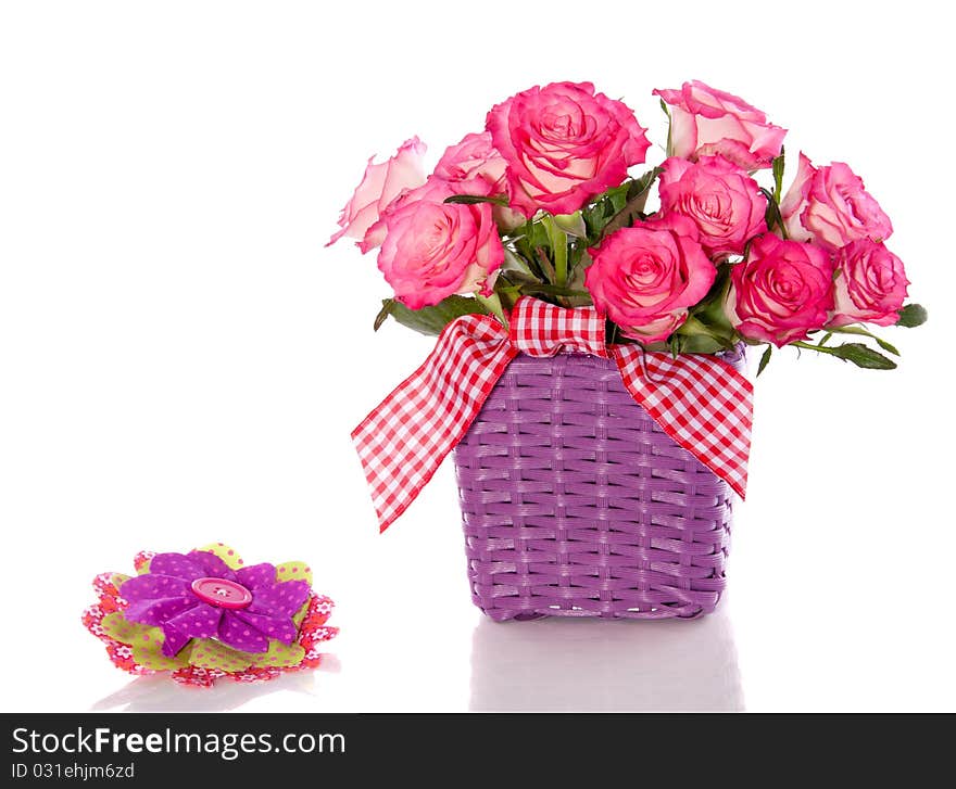 Pink roses in a purple flower pot isolated over white