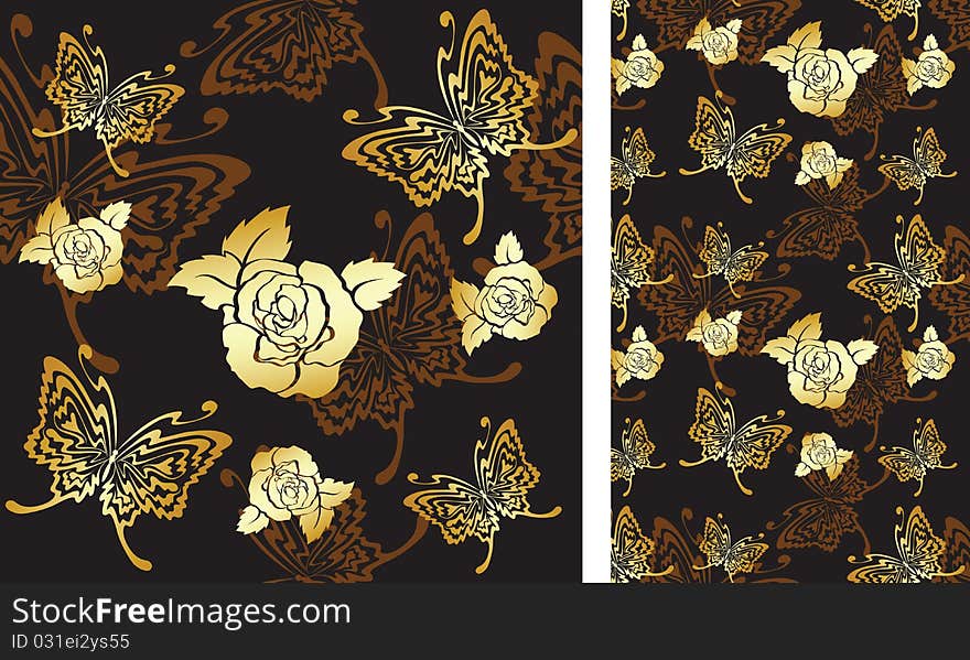 Seamless background with roses and butterflies