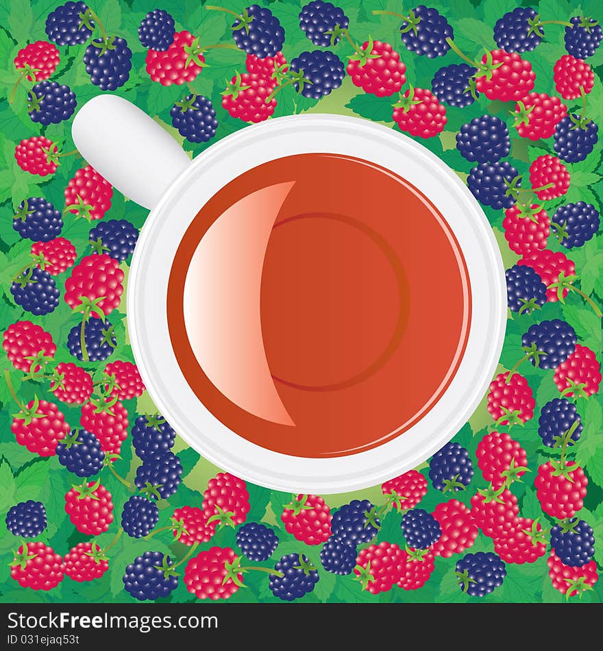 Fruit tea among raspberries and bilberries on mint leaves. Fruit tea among raspberries and bilberries on mint leaves