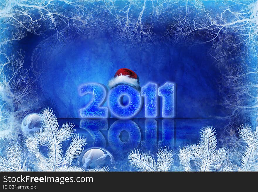 Blue Christmas background with ice and decorations