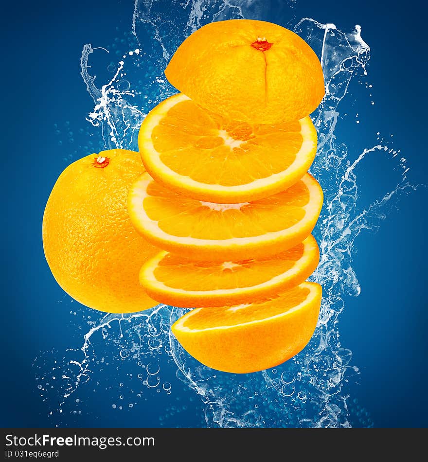 Slices of orange and water splashes. Slices of orange and water splashes