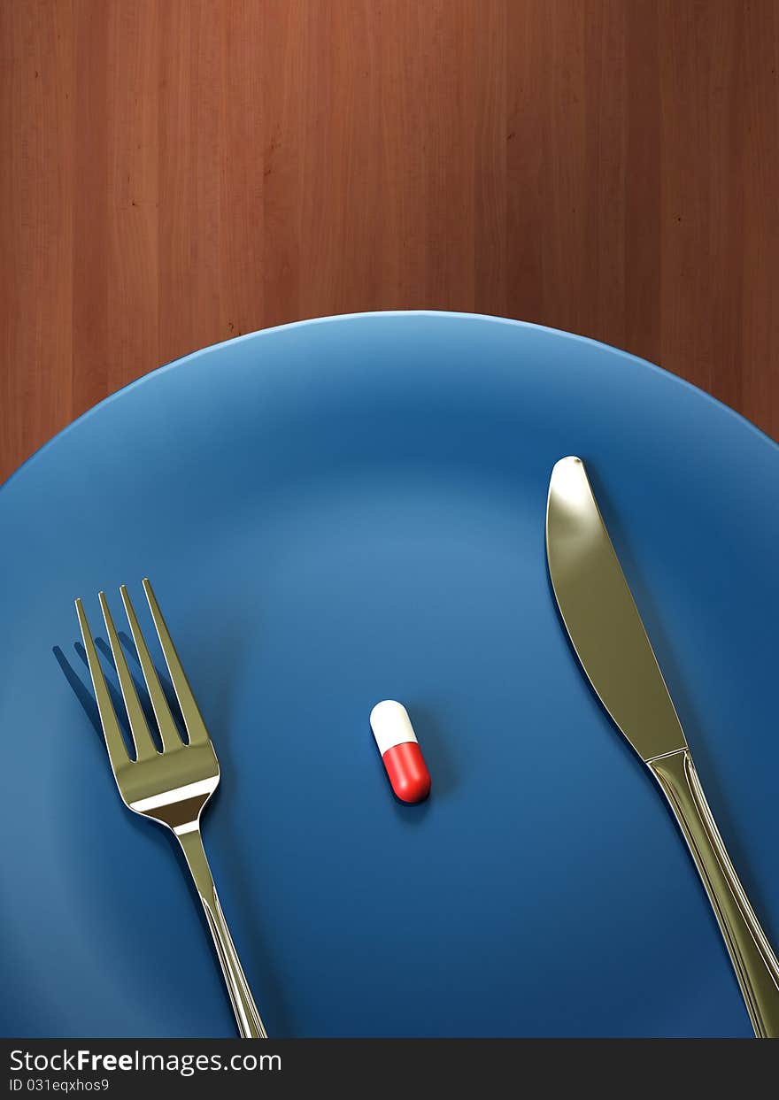 A white plate with a pill. A white plate with a pill