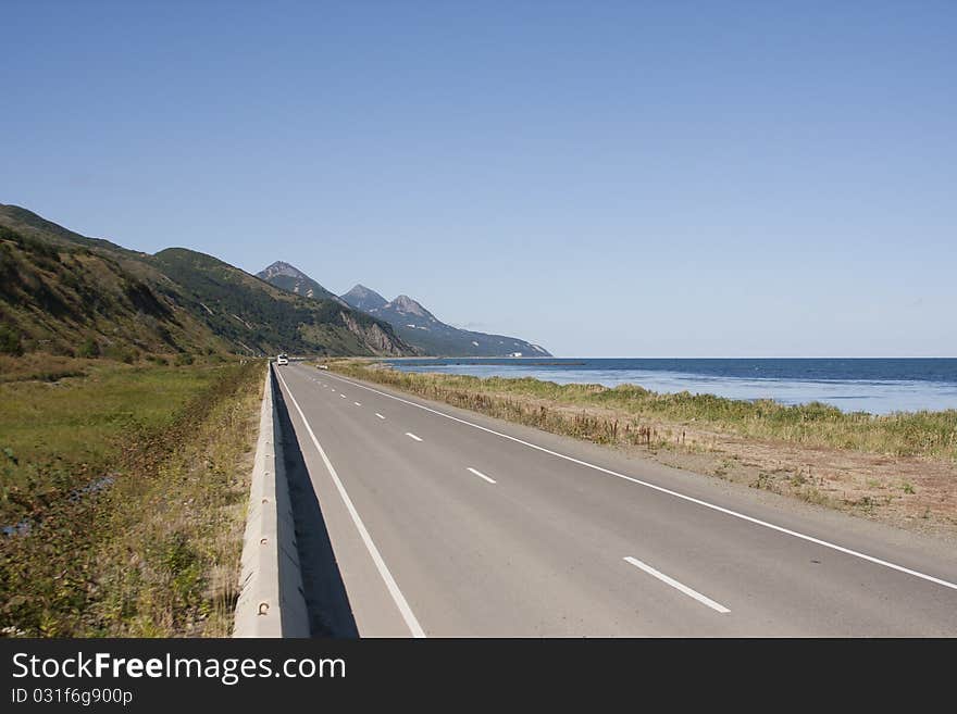 Highway along coast, island Sakhalin