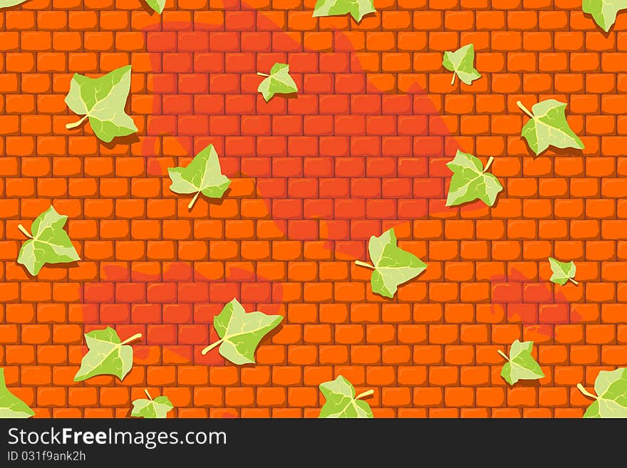 Stylized ivy leaves on a orange brick wall. Seamless pattern. Stylized ivy leaves on a orange brick wall. Seamless pattern