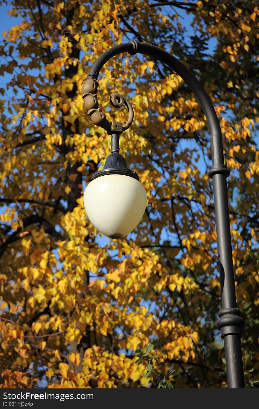 Autumn streetlight, orange leaves and blue sky