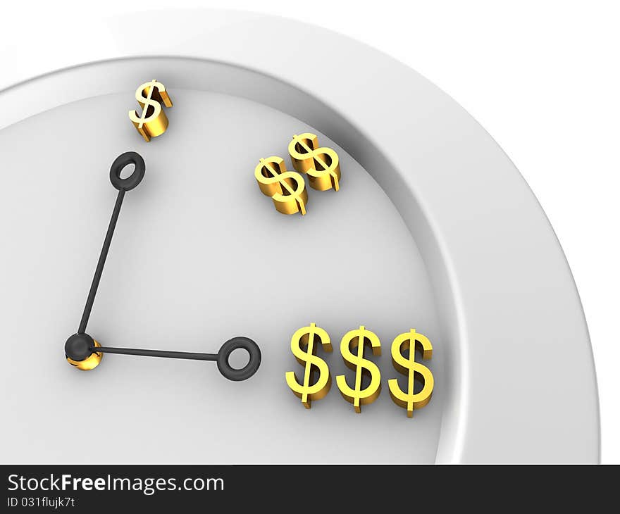 Isolated clock with dollars on white