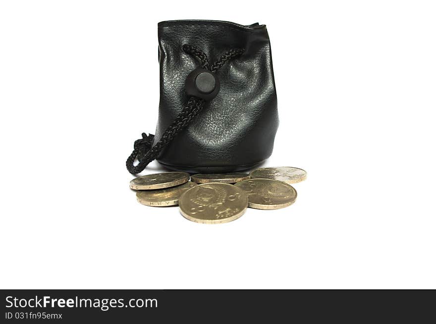 Photo of the purse with coins on white background