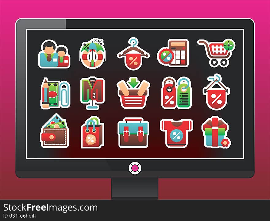 Monitor with a beautiful shopping icons