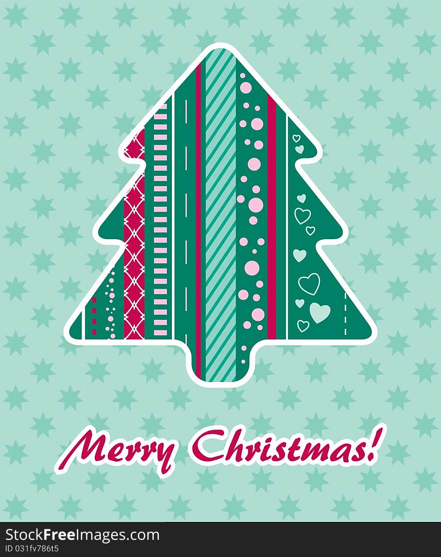 Christmas card. Ornamental Christmas tree, isolated, with text