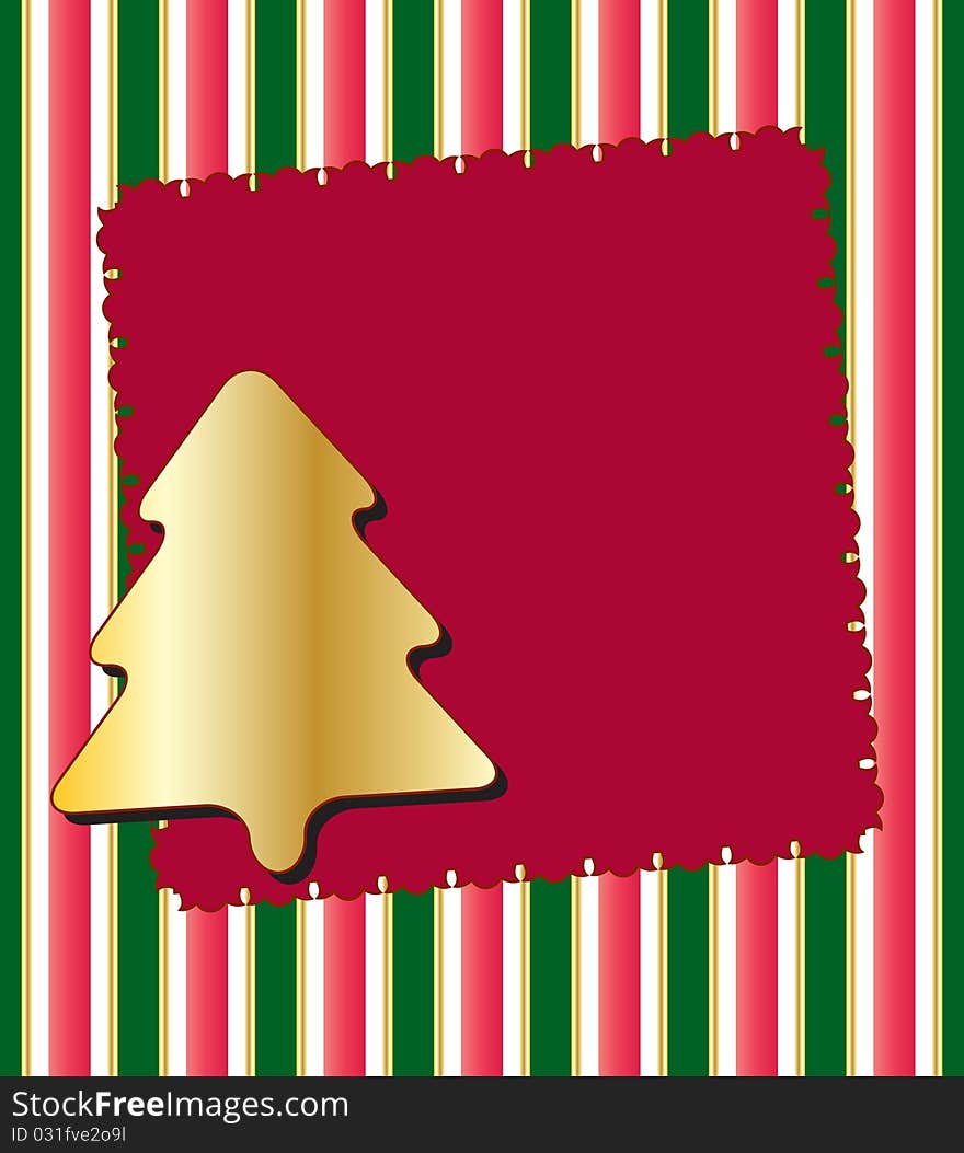 Christmas card. Vector golden Christmas tree on striped background