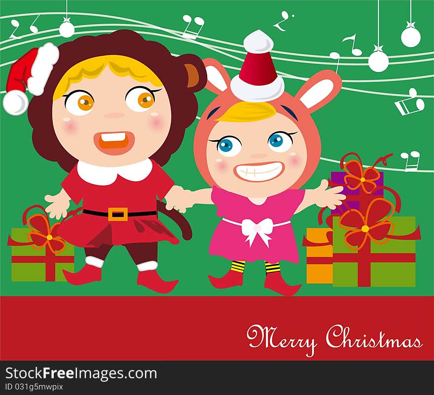 Illustration of kids singing and christmas gift. Illustration of kids singing and christmas gift