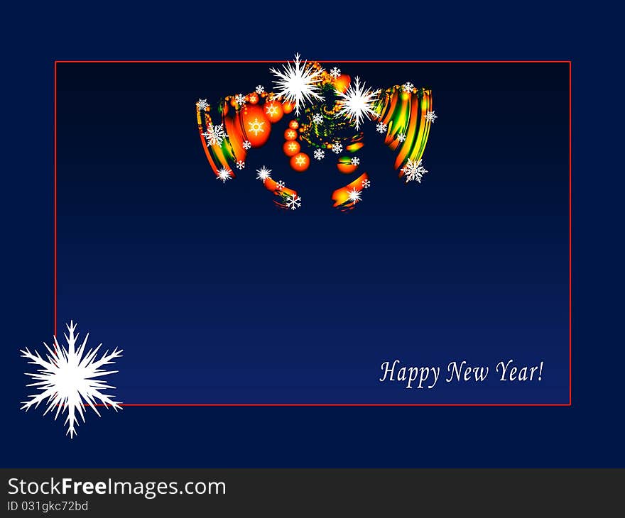 Seasonal postcard on deep blue background with abstract bells and balls and greetings, red thin frame