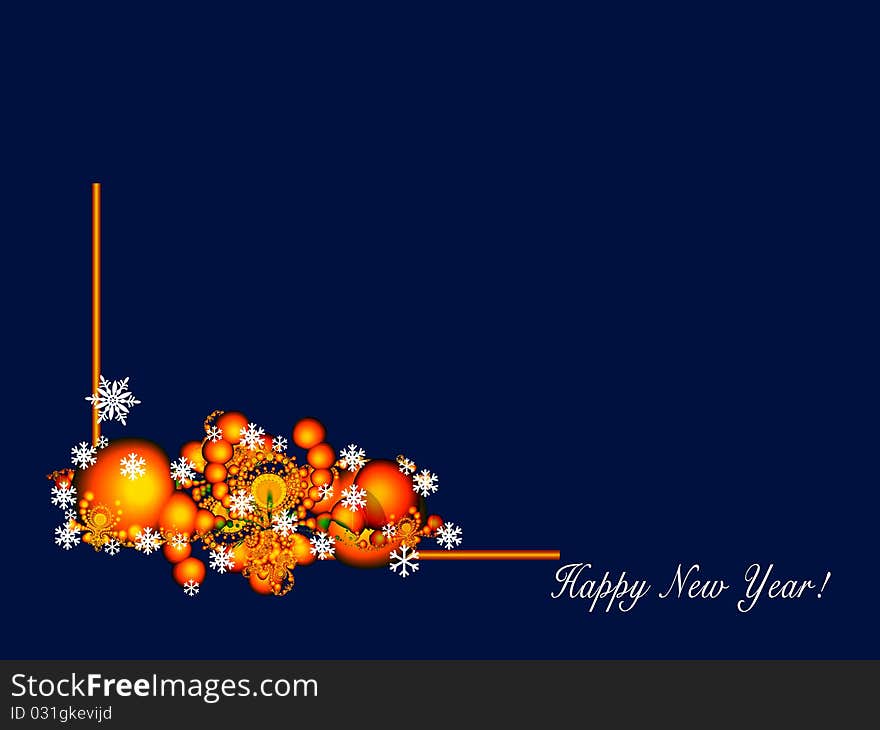 Seasonal border on deep blue background with abstract colored ornaments and snowflakes