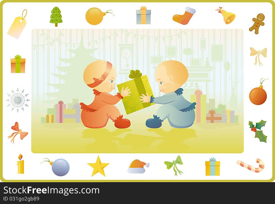 Little boy and girl (twins) cannot divide a gift in the Christmas morning. The illustration frame consists of Christmas symbols.