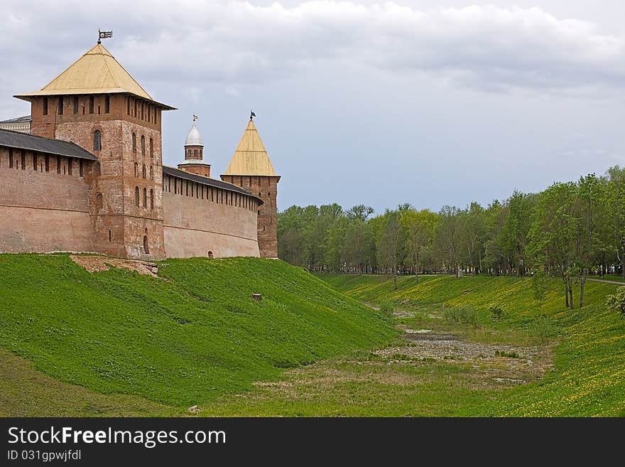 View of the old tower and wall of Novgorod Kremlin, Russia.