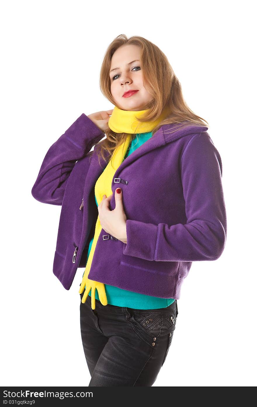 Girl in a purple jacket with a yellow scarf isolated on a white background