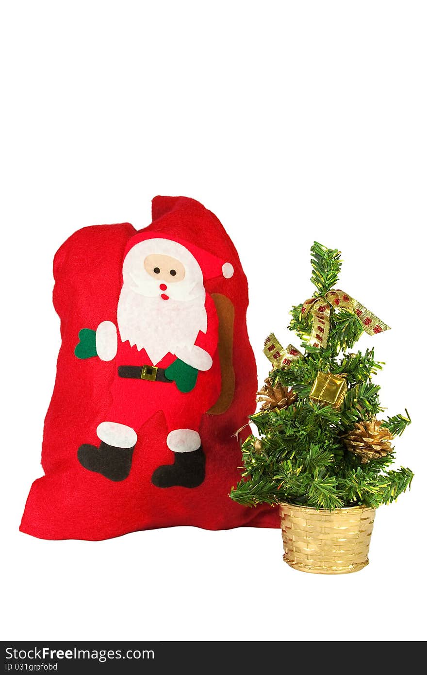 Red Winter bag for gifts and Christmas tree. Red Winter bag for gifts and Christmas tree