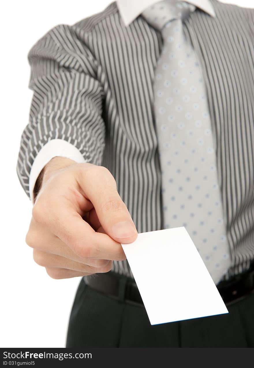 Business man handing a blank business card