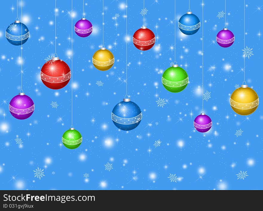 Card for the holiday with balls on the blue background