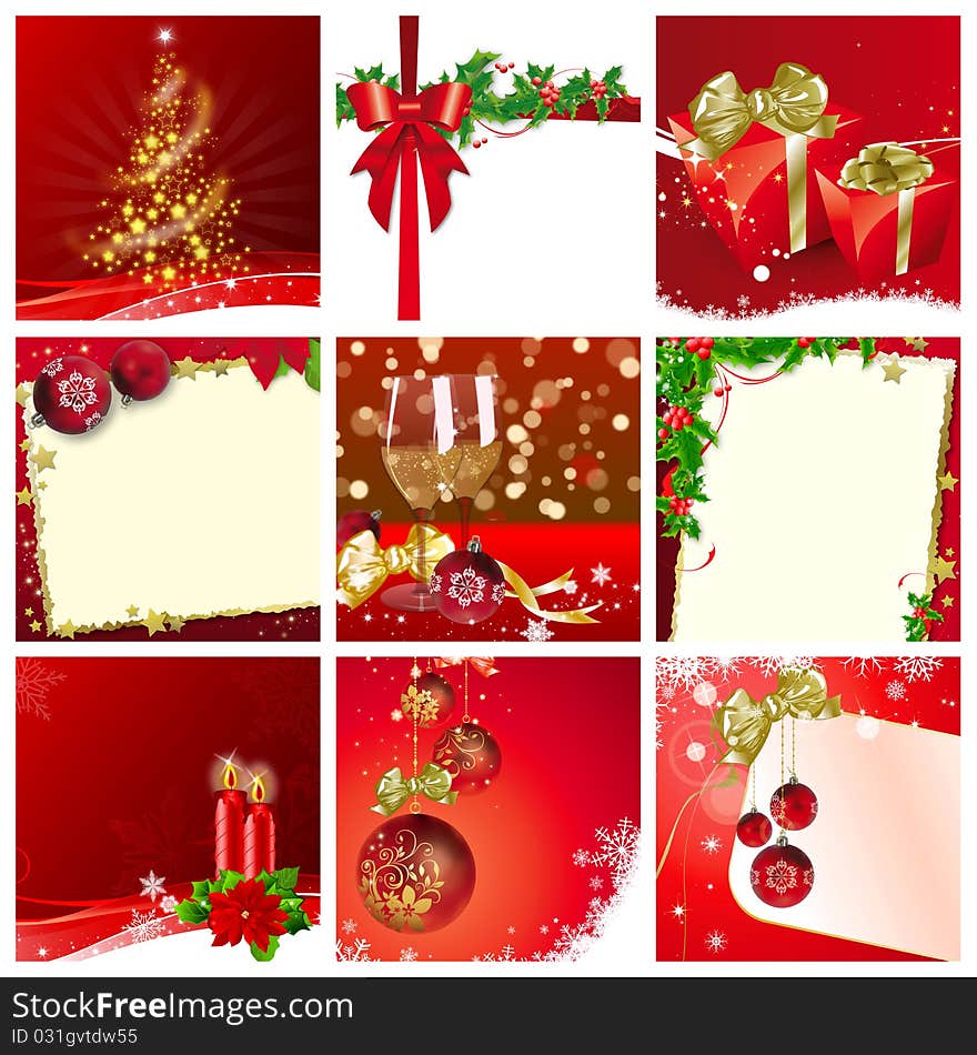 Collection of nine still live illustrations for Christmas in red and gold tone. Collection of nine still live illustrations for Christmas in red and gold tone