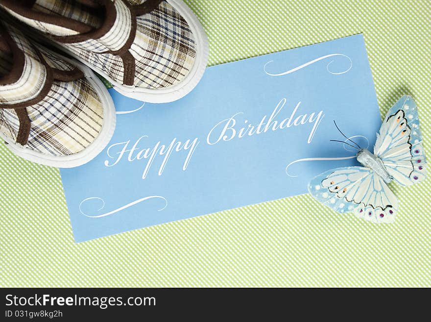 Postcard with birthday greetings and a number of shoes for your child. Postcard with birthday greetings and a number of shoes for your child