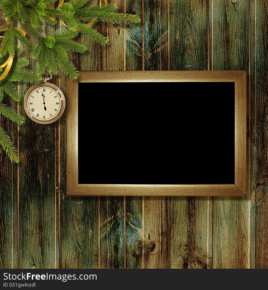 Card for the holiday with branches and clock on the wooden background