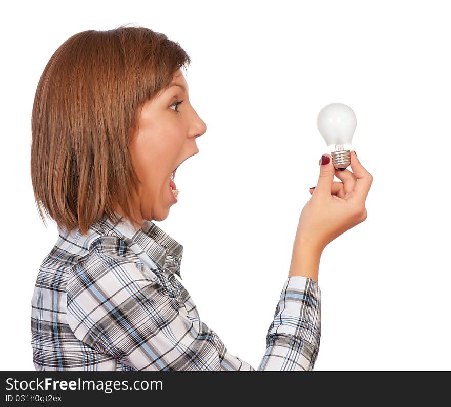 Portrait of a beautiful teenage girl with bulb. Isolated on white background.