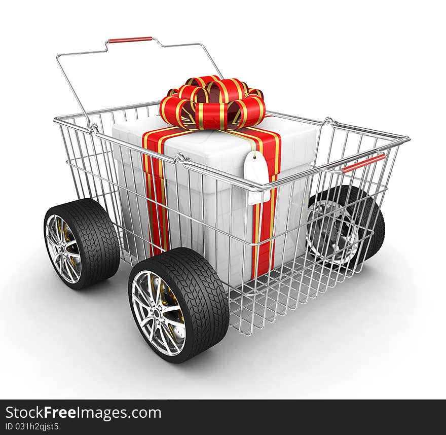 Gift box, shopping basket and wheels on the white background