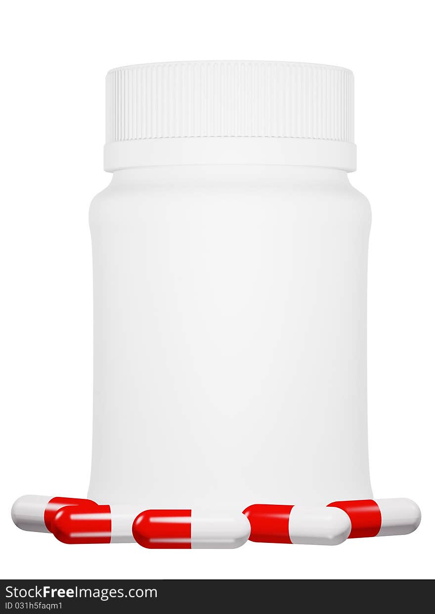 Capsule pills and white plastic bottle on isolated background. Capsule pills and white plastic bottle on isolated background.