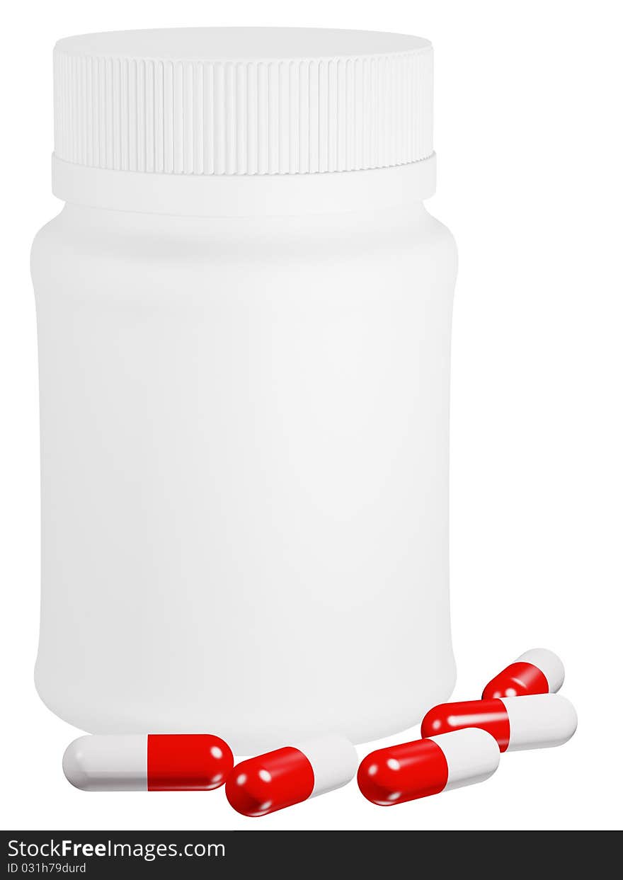 Capsule pills and white plastic bottle.