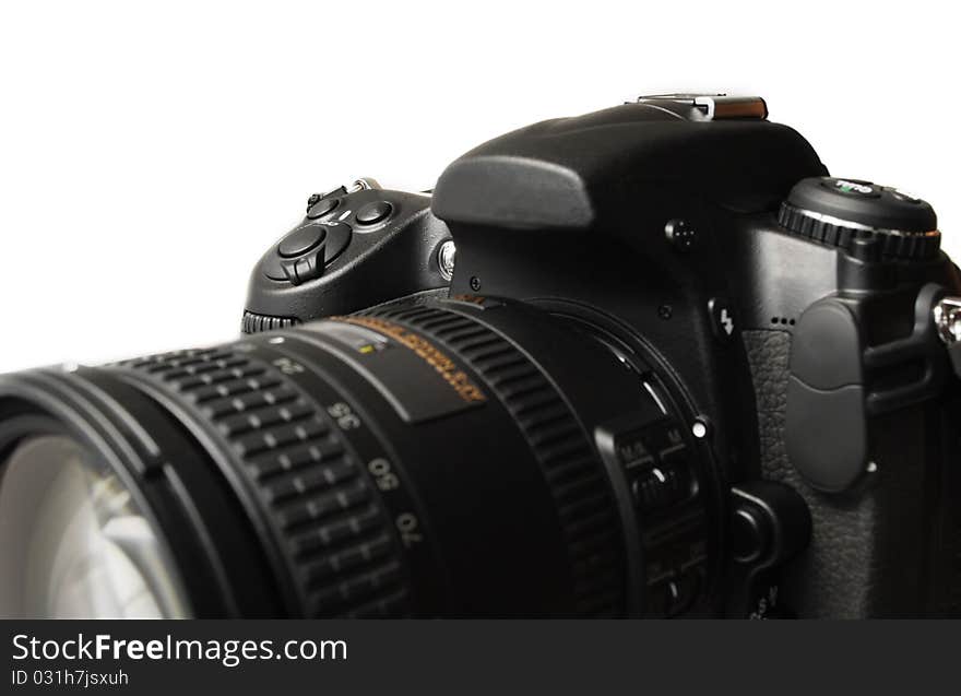 A close-up of camera on white background. A close-up of camera on white background