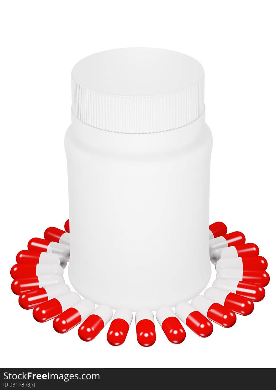 Capsule pills and white plastic bottle.